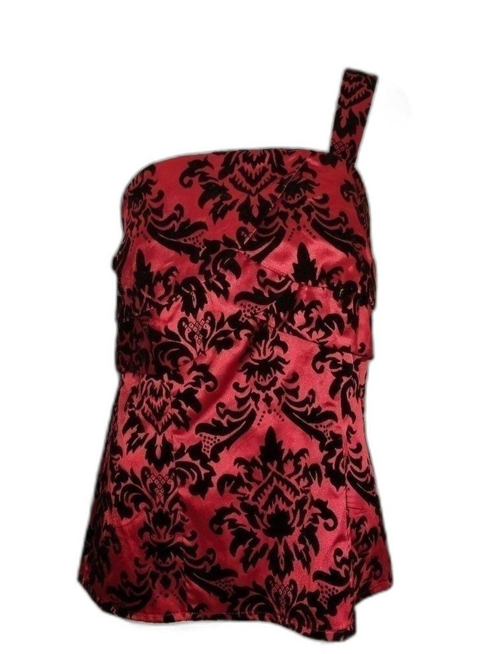 One-Shoulder Red Damask Satin Dress with Black Pattern